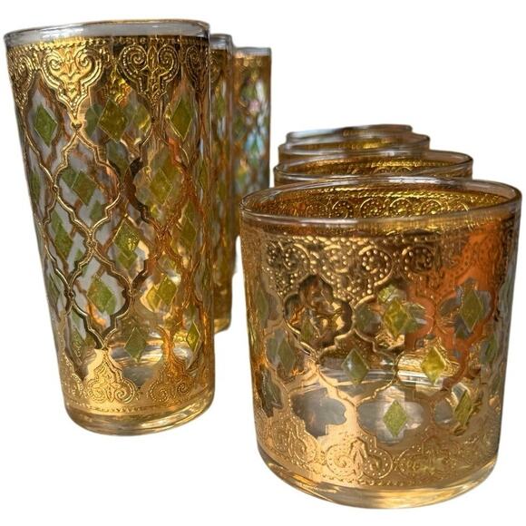 Vintage 60s Culver Valencia 4 Highball and 4 Lowball MCM 22K Gold Glasses - Picture 5 of 5